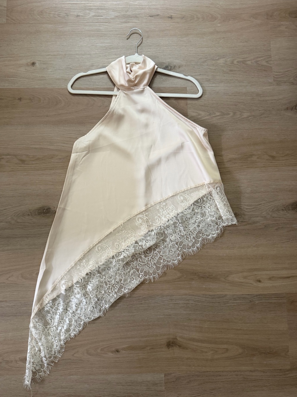 Amazon Satin Halter Chemise with Lace Hem in Light Cream